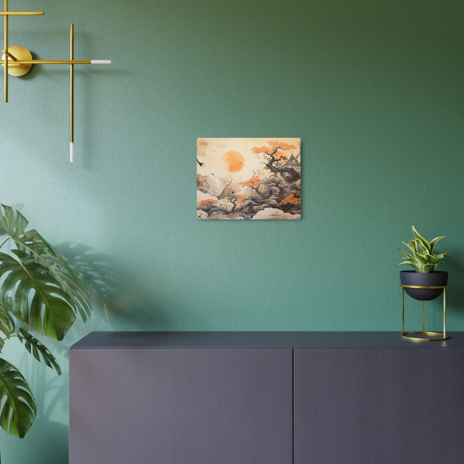 Japanese Landscape Metal Art Orange Sun & Bonsai Trees Wall Decor - The Art Hub