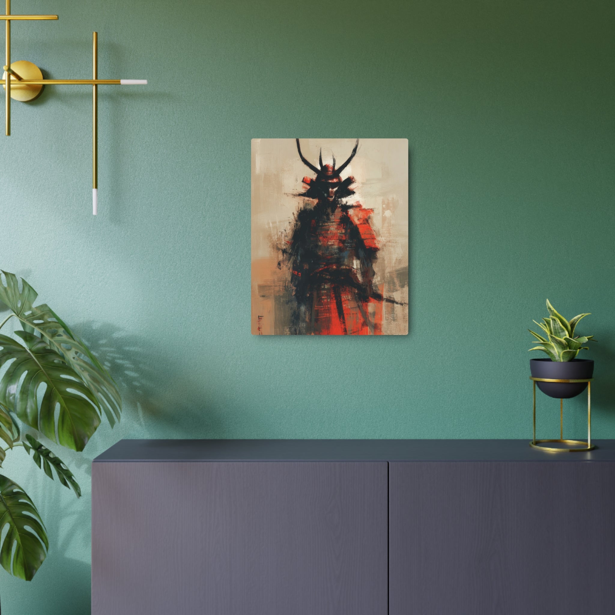 Samurai Metal Art Sign — Abstract Red Warrior Wall Decor