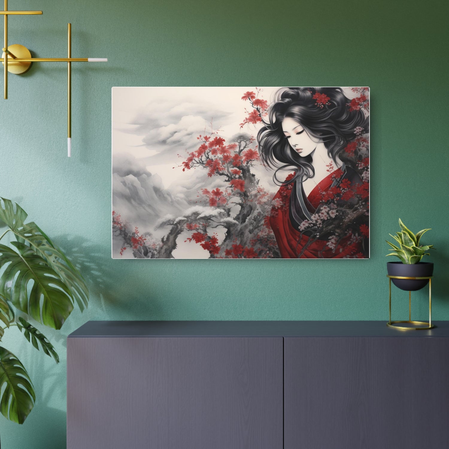 Metal Art Elegant Geisha Landscape with Red Maple Blossoms - The Art Hub