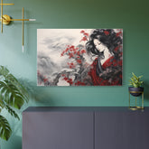 Metal Art Elegant Geisha Landscape with Red Maple Blossoms - The Art Hub