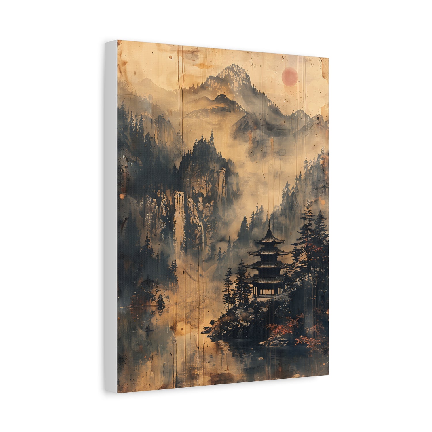 Zen Mountain Mist Canvas Art — Japanese Pagoda Landscape on Stretched Matte Canvas - The Art Hub