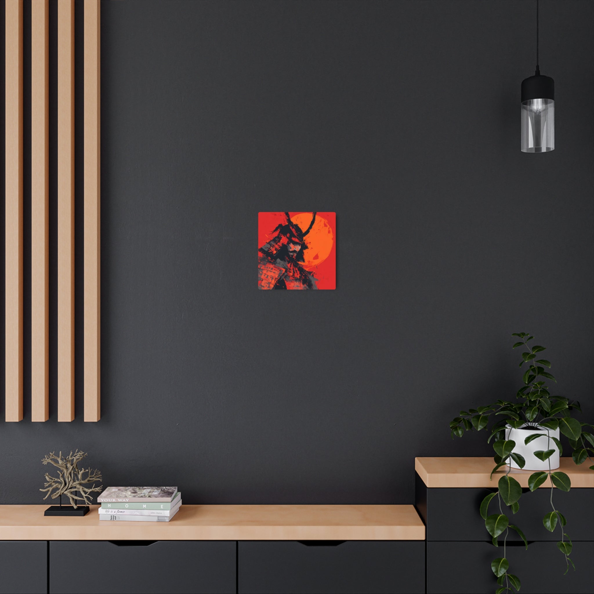 Samurai Moon Metal Art Sign — Red Warrior Wall Decor