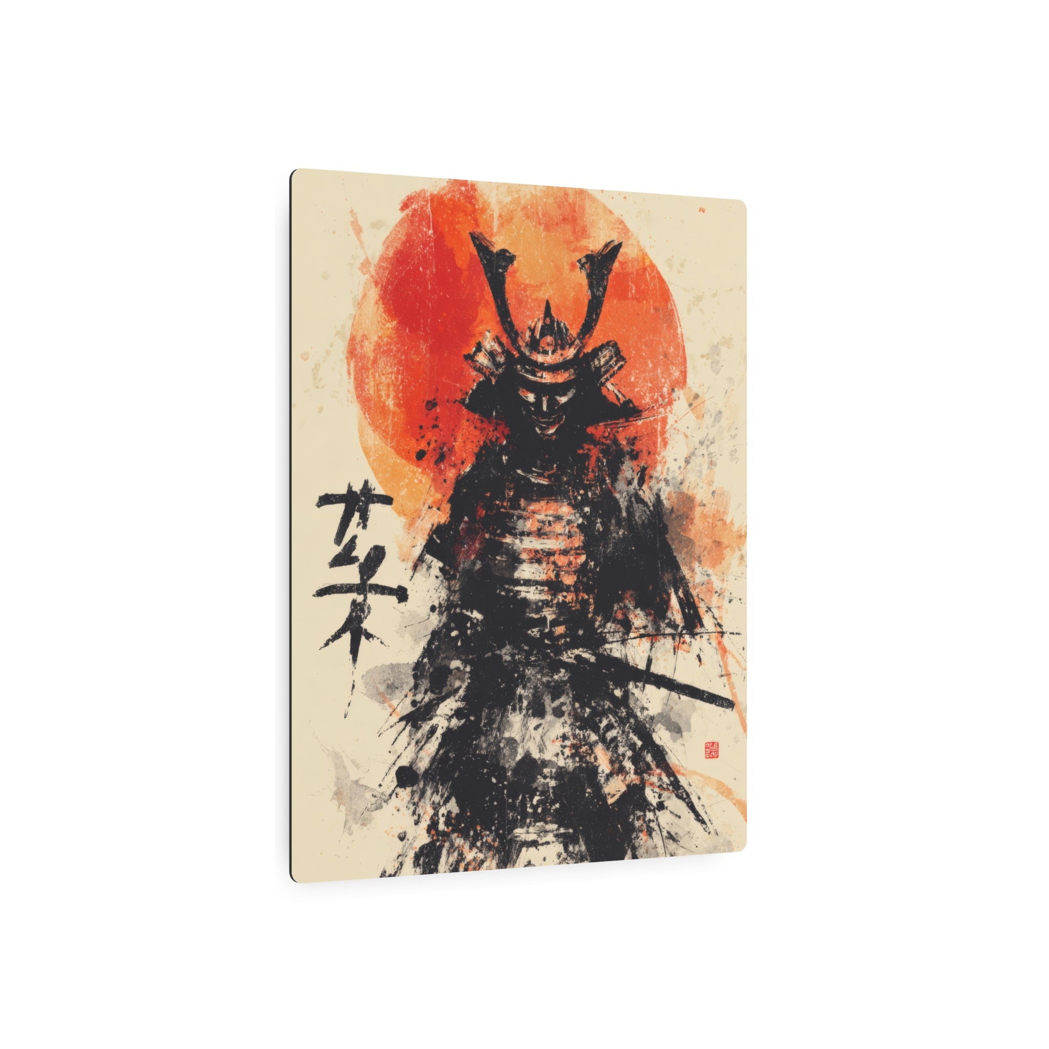 Samurai Metal Art Sign — Ink Wash Warrior with Rising Sun
