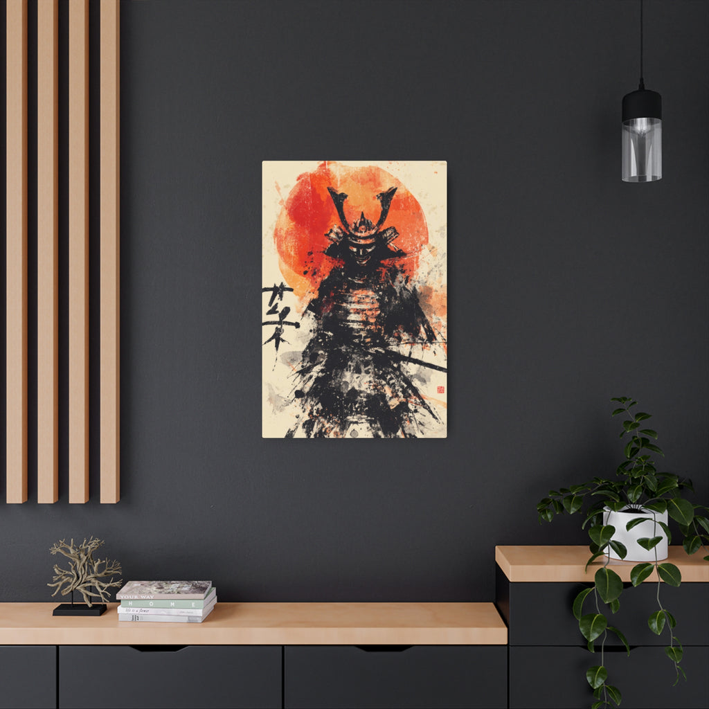 Samurai Metal Art Sign — Ink Wash Warrior with Rising Sun