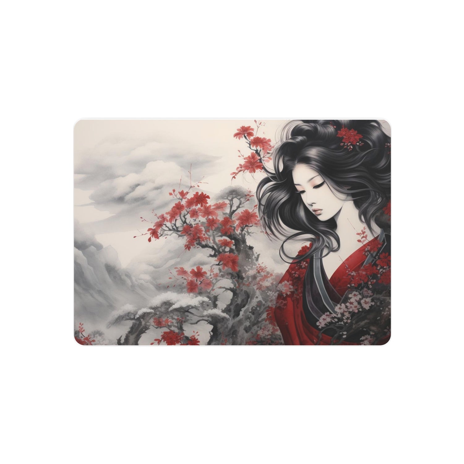 Metal Art Elegant Geisha Landscape with Red Maple Blossoms - The Art Hub