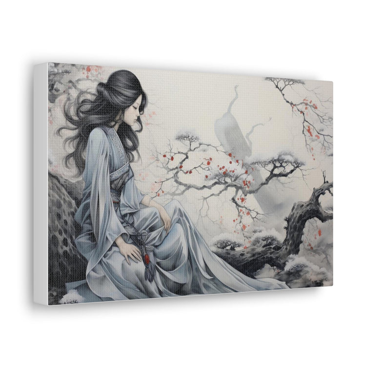 Canvas Wall Art Serene Geisha in Misty Cherry Blossom - The Art Hub