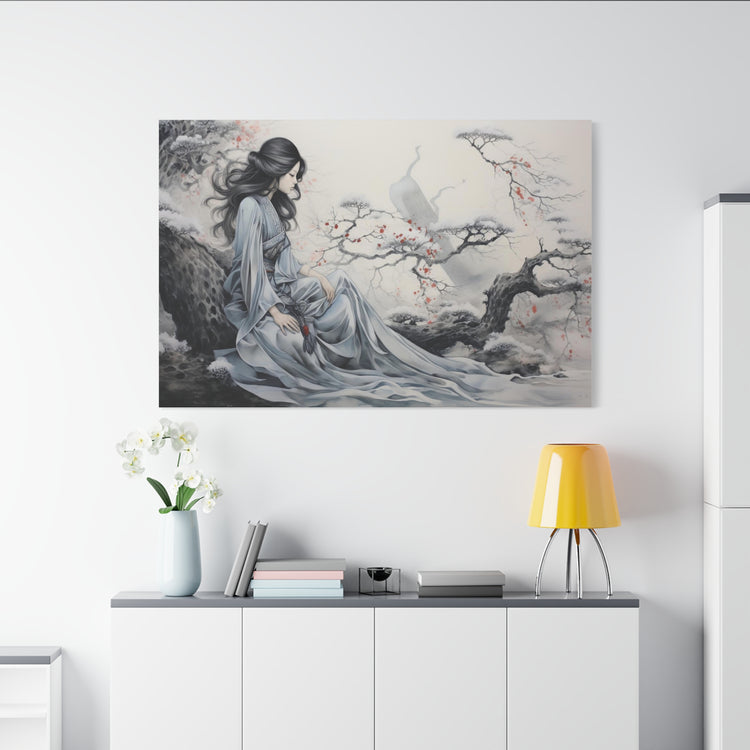 Canvas Wall Art Serene Geisha in Misty Cherry Blossom - The Art Hub
