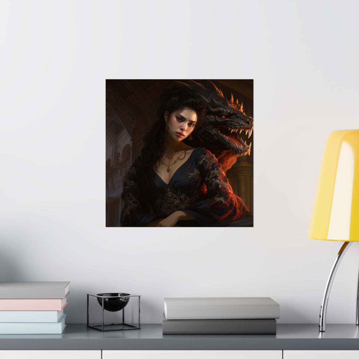 Fantasy Portrait Poster — Dark Sorceress with Dragon Matte Vertical Print - The Art Hub