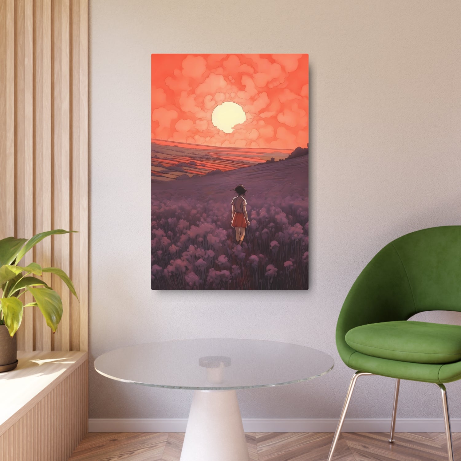Sunset Meadow Metal Art — Girl Walking Through Lavender Field Wall Decor - The Art Hub