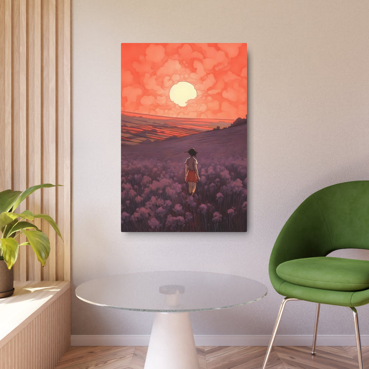 Sunset Meadow Metal Art — Girl Walking Through Lavender Field Wall Decor - The Art Hub