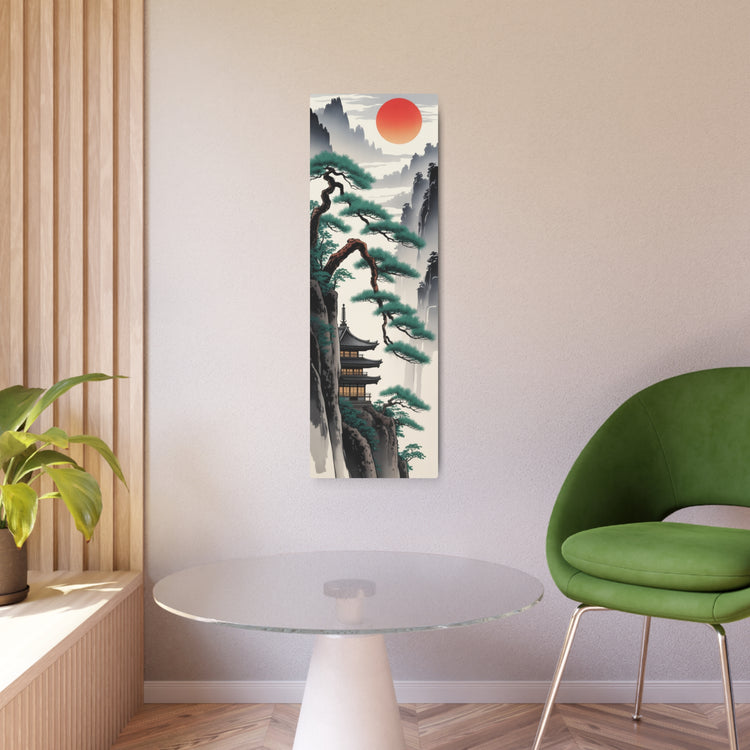 Japanese Mountain Pagoda with Pine Trees and Red Sun Wall Decor - The Art Hub