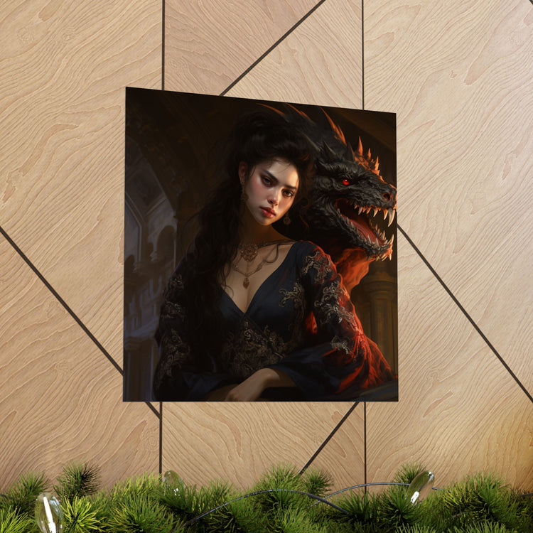 Fantasy Portrait Poster — Dark Sorceress with Dragon Matte Vertical Print - The Art Hub