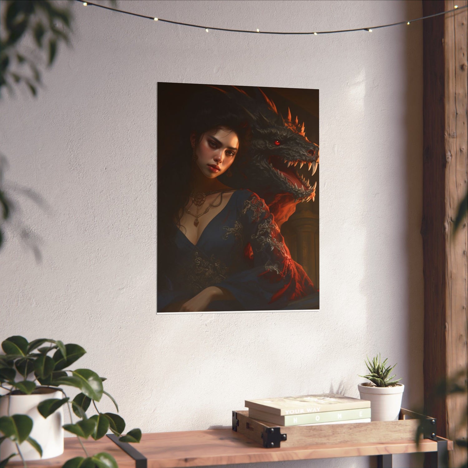 Fantasy Portrait Poster — Dark Sorceress with Dragon Matte Vertical Print - The Art Hub
