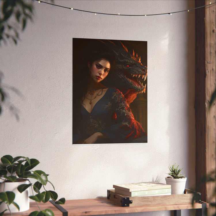 Fantasy Portrait Poster — Dark Sorceress with Dragon Matte Vertical Print - The Art Hub