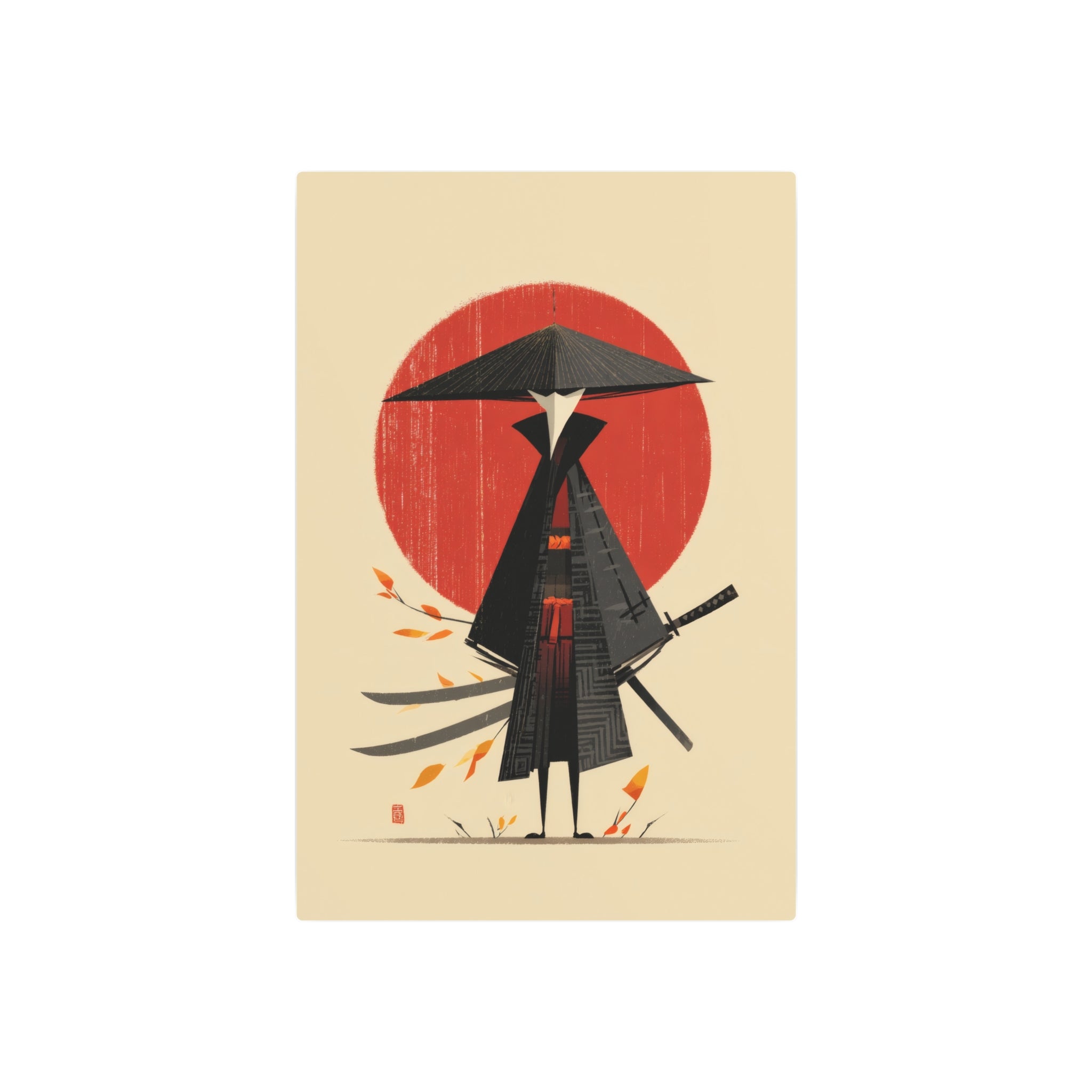 Samurai Metal Art Sign — Minimal Japanese Warrior Wall Decor with Red Sun