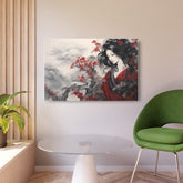 Metal Art Elegant Geisha Landscape with Red Maple Blossoms - The Art Hub