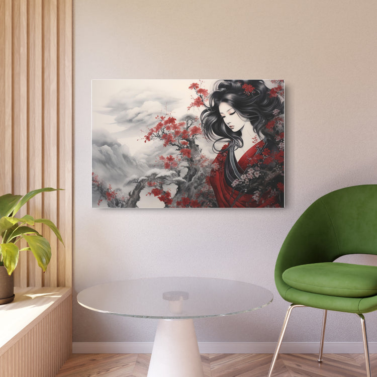 Metal Art Elegant Geisha Landscape with Red Maple Blossoms - The Art Hub