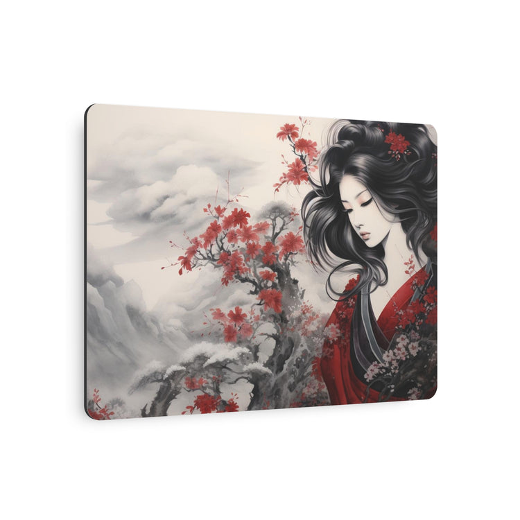 Metal Art Elegant Geisha Landscape with Red Maple Blossoms - The Art Hub