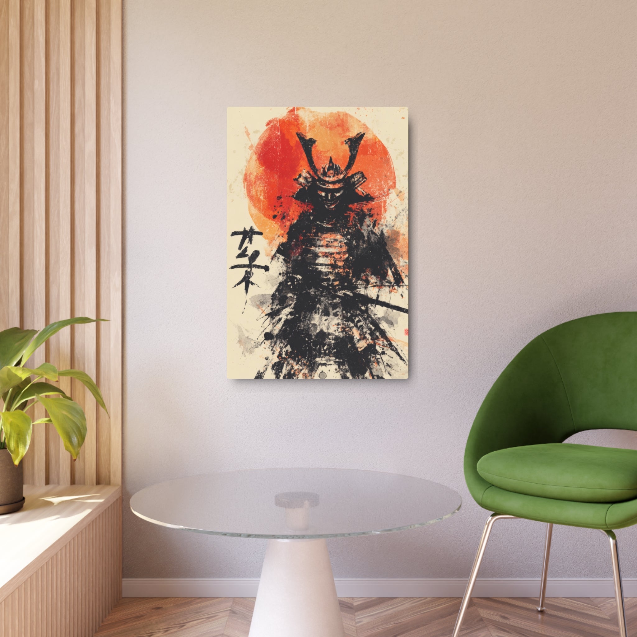 Samurai Metal Art Sign — Ink Wash Warrior with Rising Sun