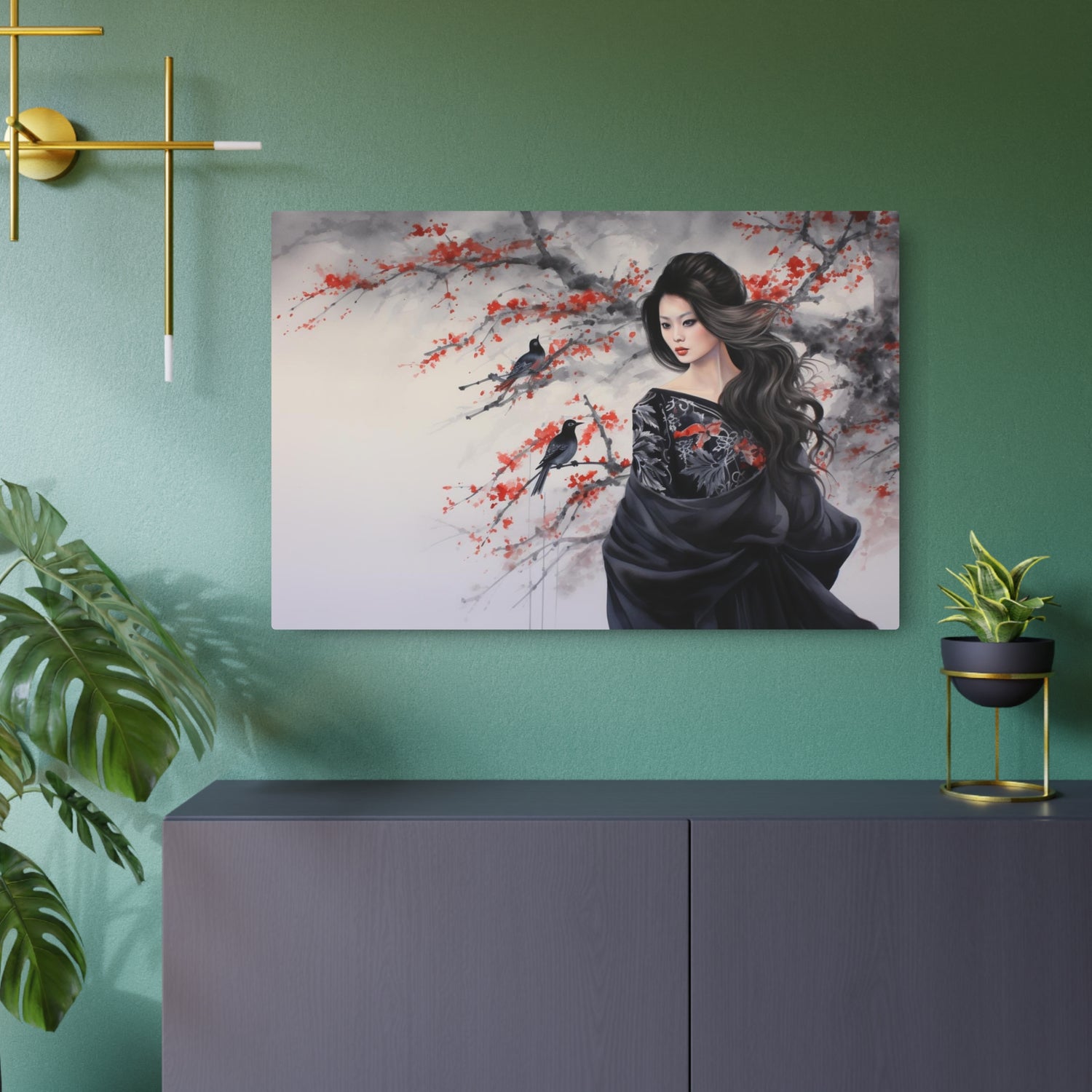 Metal Art Geisha with Sakura & Crows Wall Decor - The Art Hub