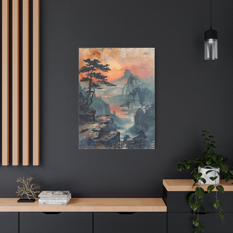 Sunset Mountain Landscape Canvas Print — Misty Pine Cliff Wall Art - The Art Hub