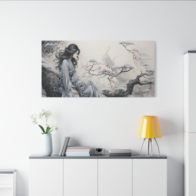 Canvas Wall Art Serene Geisha in Misty Cherry Blossom - The Art Hub