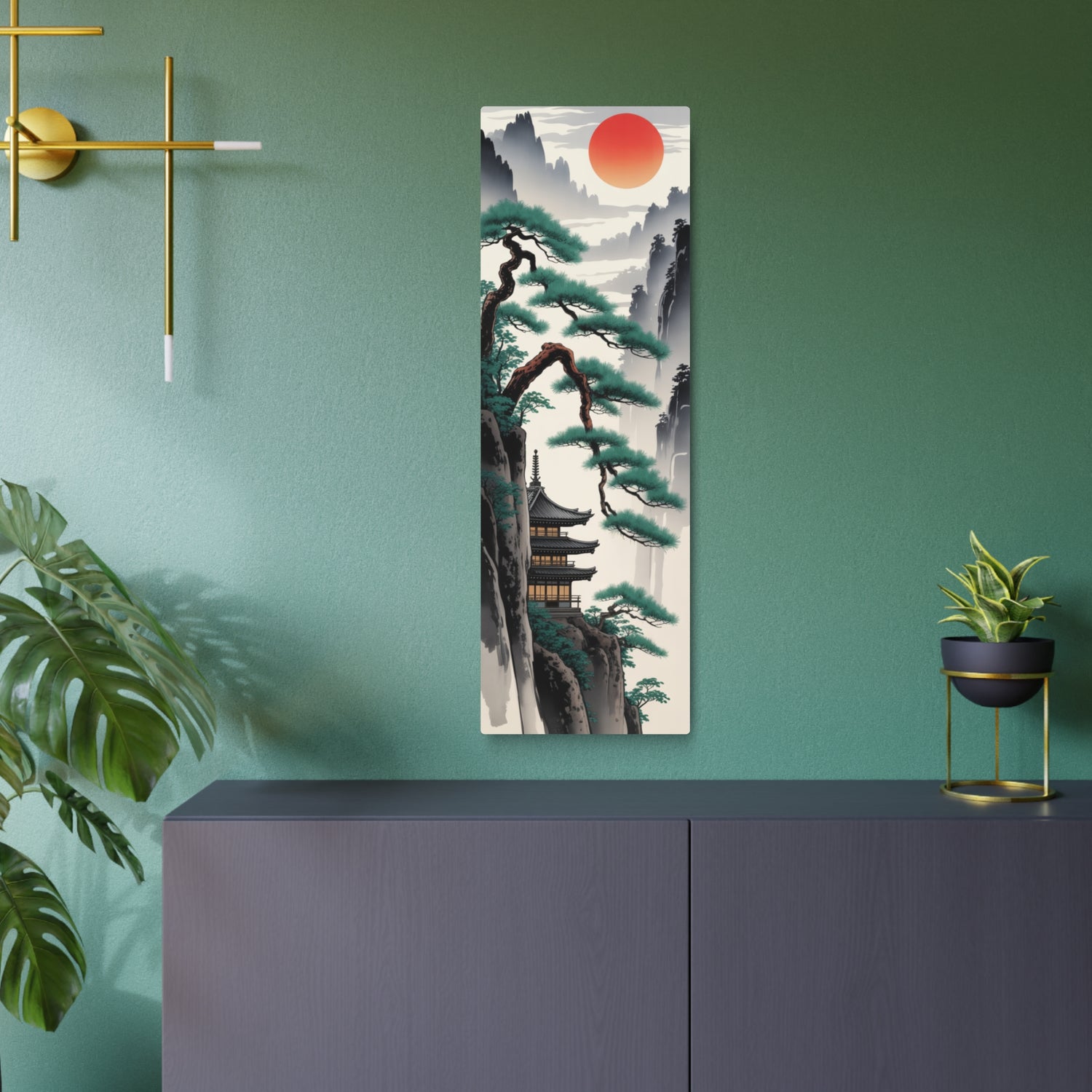 Japanese Mountain Pagoda with Pine Trees and Red Sun Wall Decor - The Art Hub