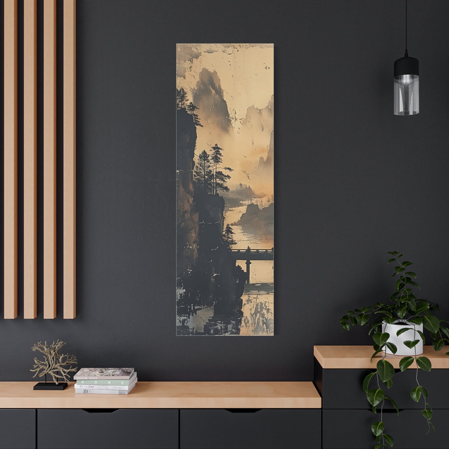 Serene Mountain Bridge Canvas Wall Art — East Asian Landscape Matte Stretched Print - The Art Hub