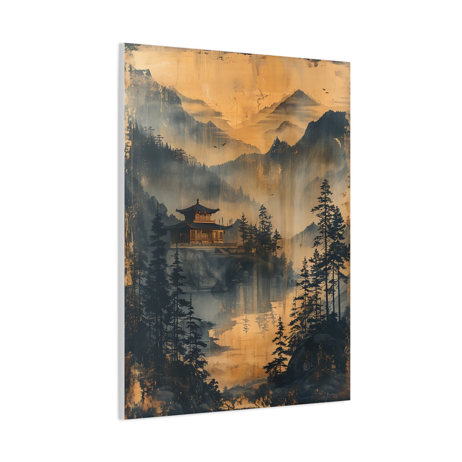 Golden Mist Mountain Landscape Canvas — Asian Pagoda Wall Art - The Art Hub