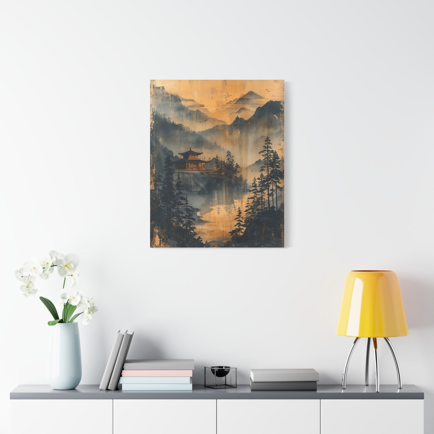 Golden Mist Mountain Landscape Canvas — Asian Pagoda Wall Art - The Art Hub