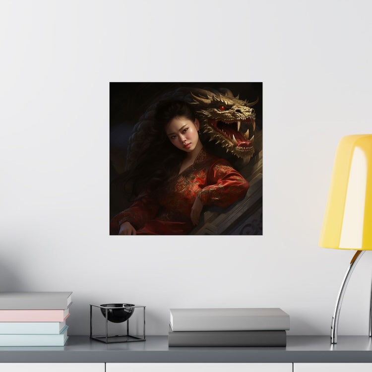 Matte Vertical Poster — Asian Warrior Woman with Dragon Art Print - The Art Hub