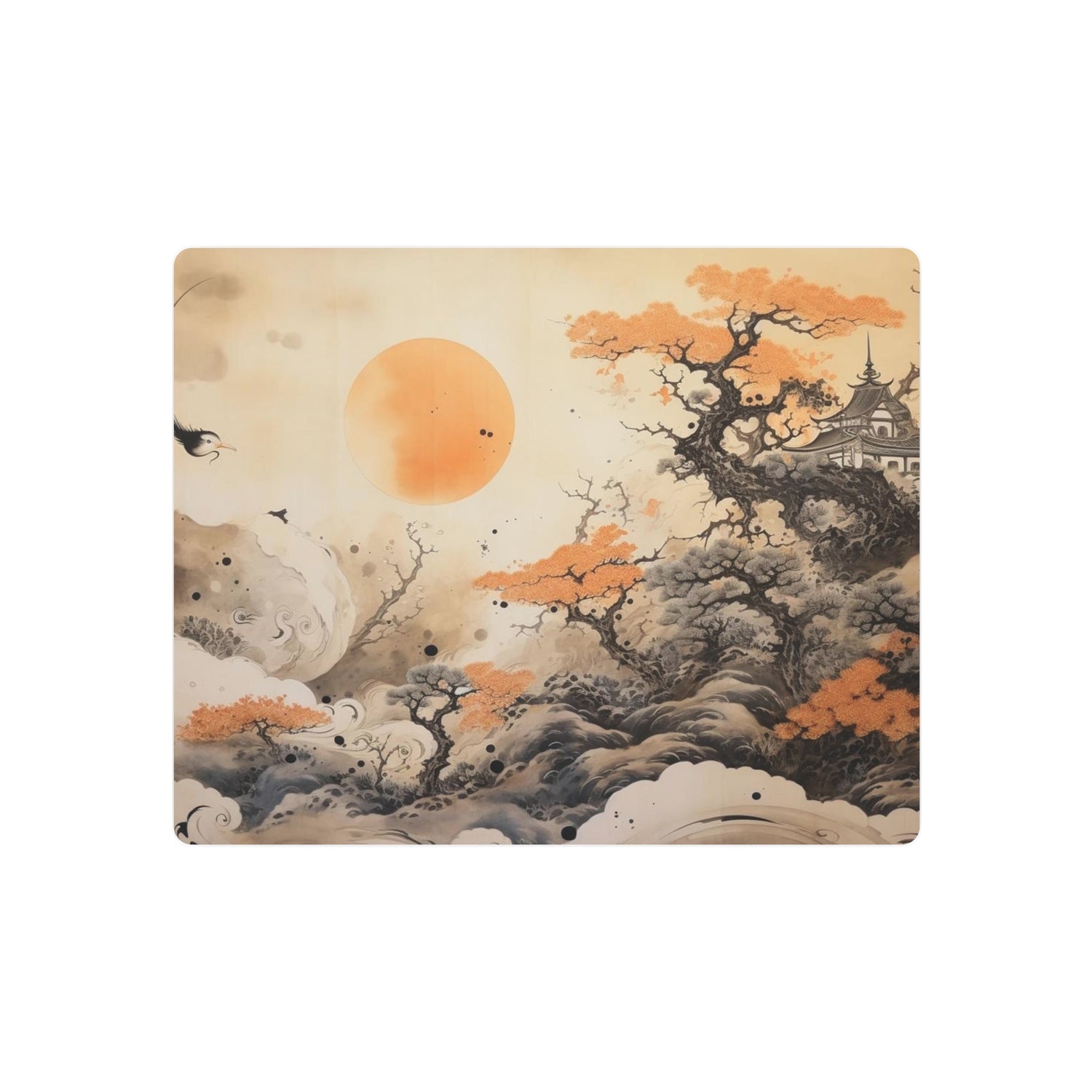 Japanese Landscape Metal Art Orange Sun & Bonsai Trees Wall Decor - The Art Hub