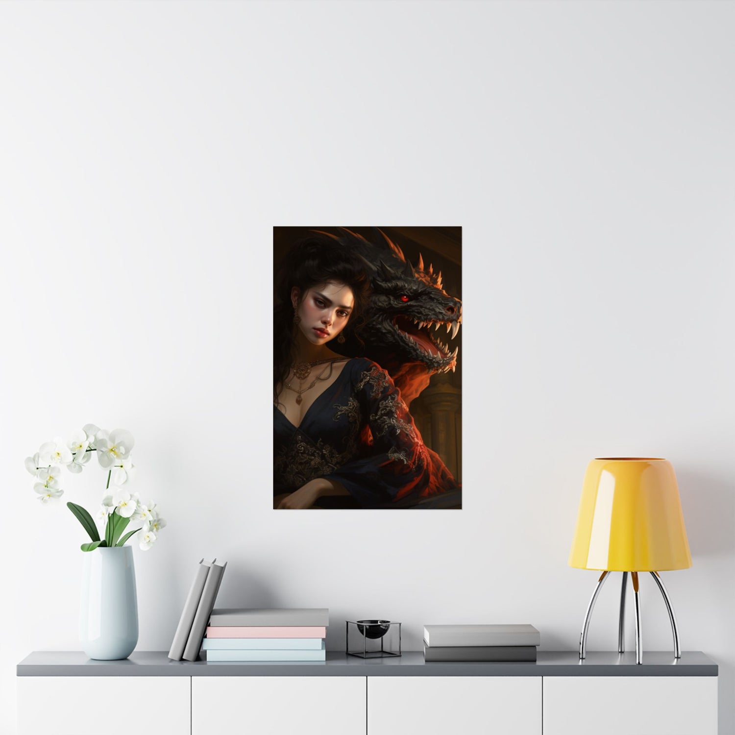 Fantasy Portrait Poster — Dark Sorceress with Dragon Matte Vertical Print - The Art Hub