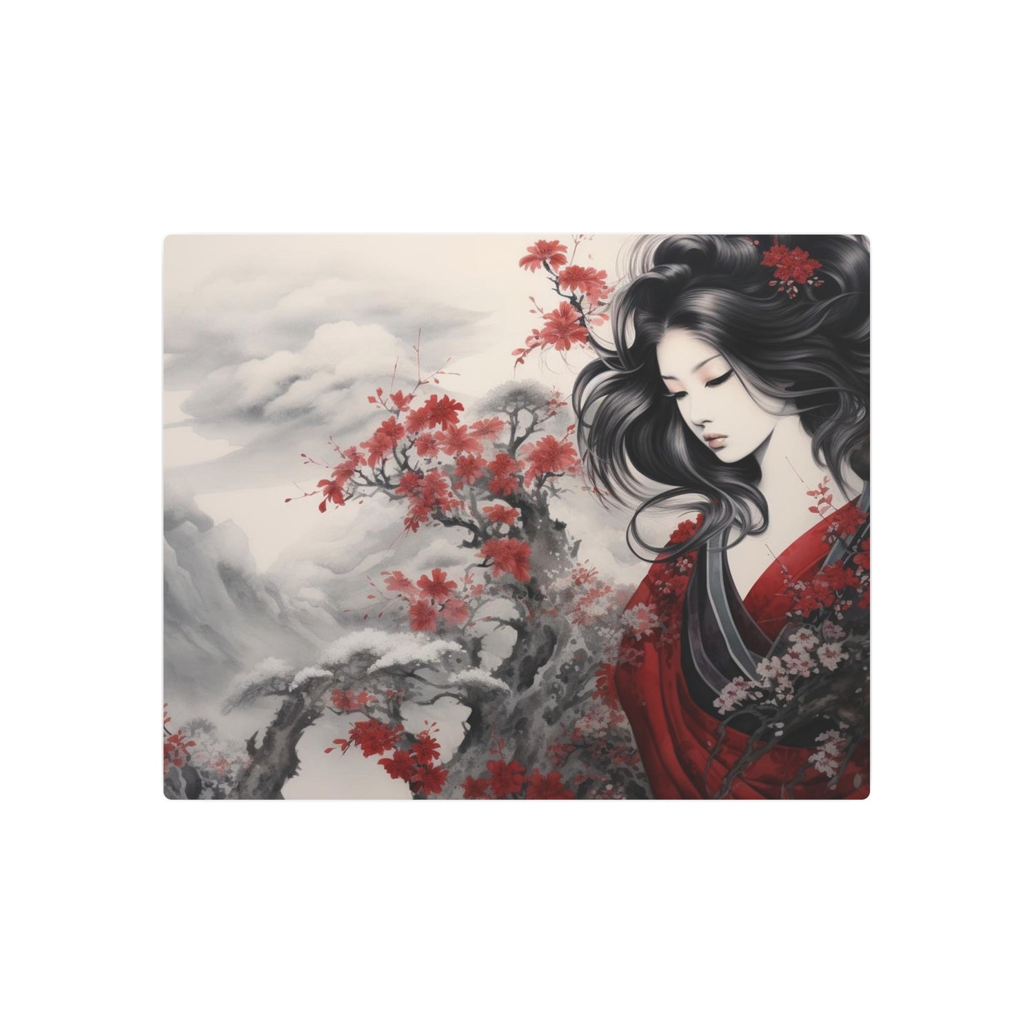 Metal Art Elegant Geisha Landscape with Red Maple Blossoms - The Art Hub