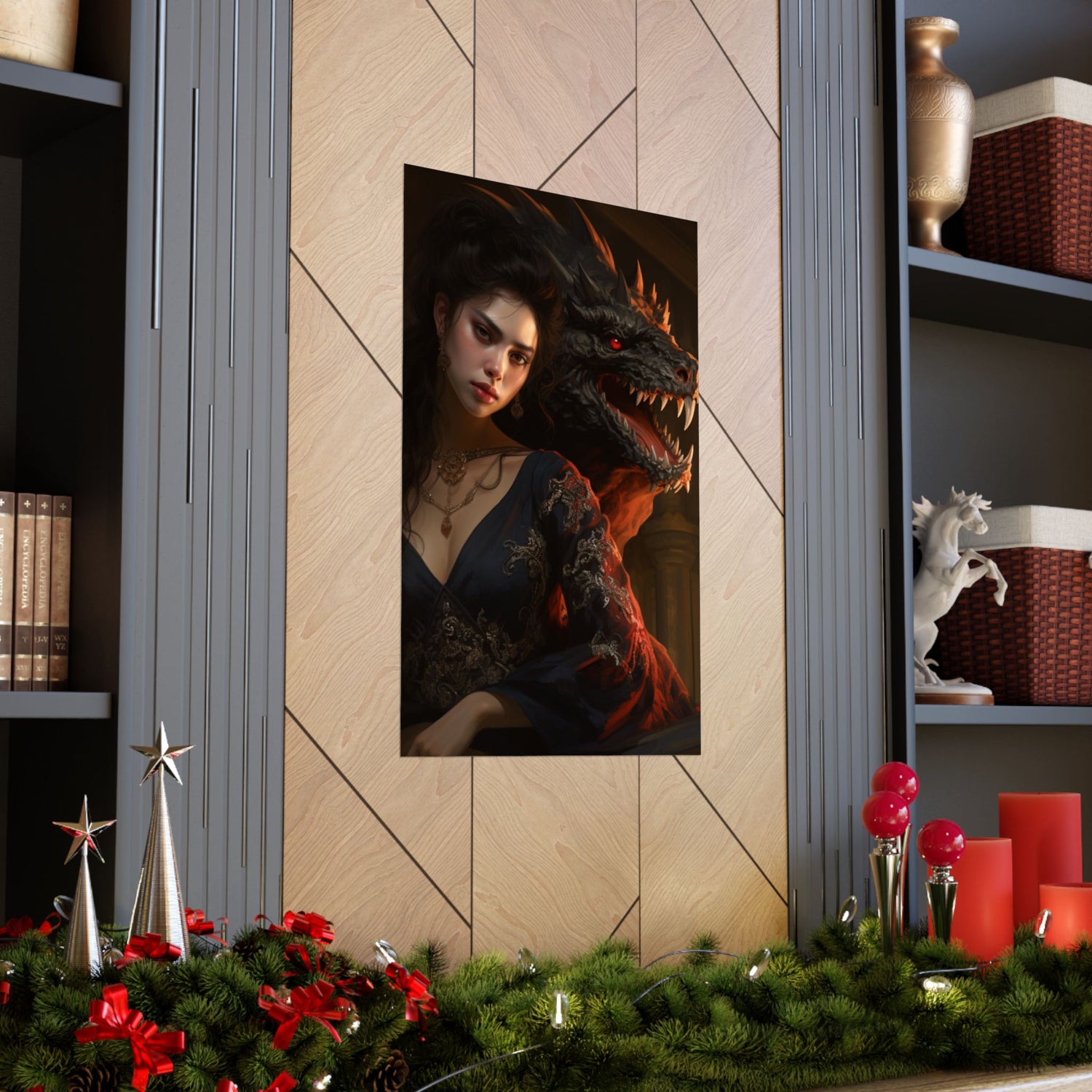 Fantasy Portrait Poster — Dark Sorceress with Dragon Matte Vertical Print - The Art Hub
