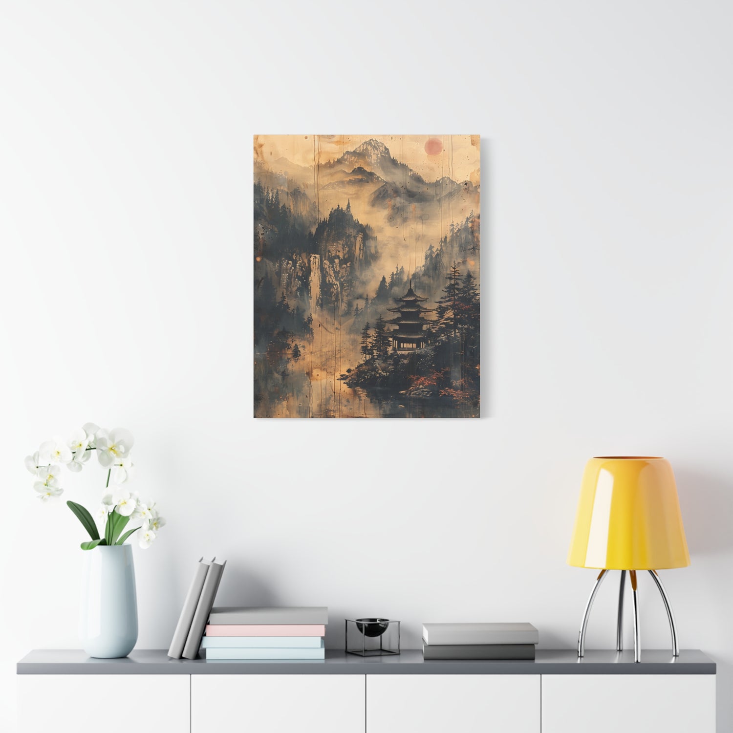 Zen Mountain Mist Canvas Art — Japanese Pagoda Landscape on Stretched Matte Canvas - The Art Hub