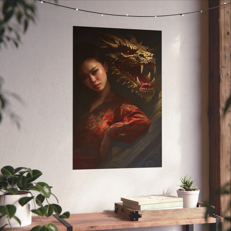 Matte Vertical Poster — Asian Warrior Woman with Dragon Art Print - The Art Hub