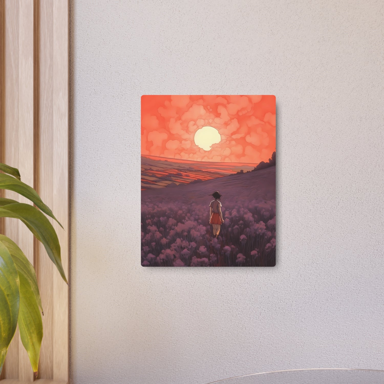 Sunset Meadow Metal Art — Girl Walking Through Lavender Field Wall Decor - The Art Hub