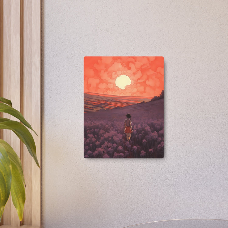 Sunset Meadow Metal Art — Girl Walking Through Lavender Field Wall Decor - The Art Hub