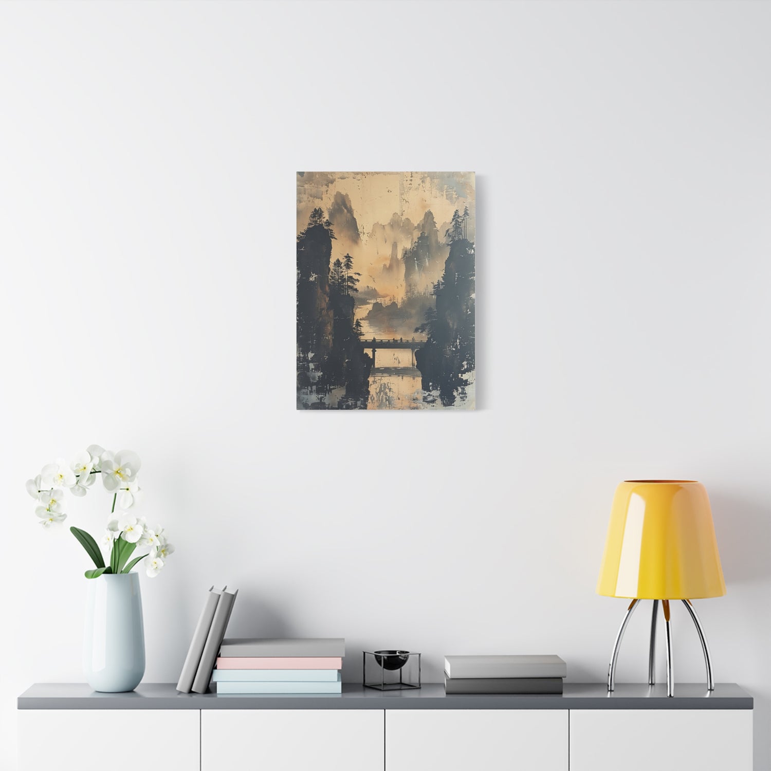 Serene Mountain Bridge Canvas Wall Art — East Asian Landscape Matte Stretched Print - The Art Hub