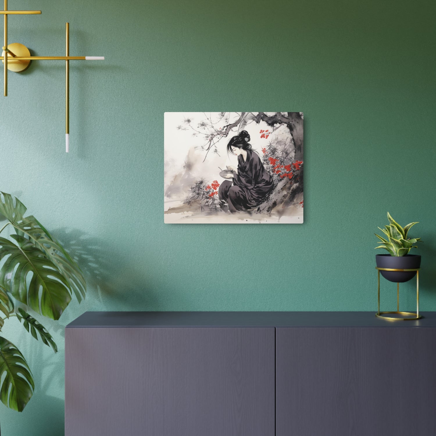 Metal Art Ink Wash Geisha Scene Wall Decor - The Art Hub