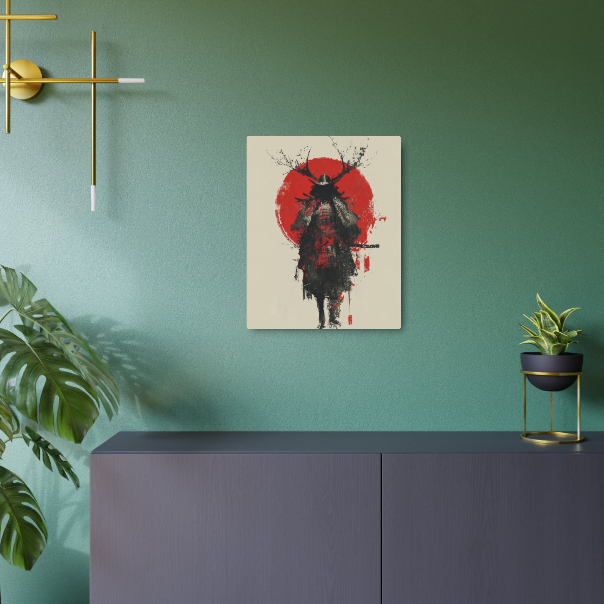 Samurai Metal Art Sign — Red Sun Warrior Wall Decor