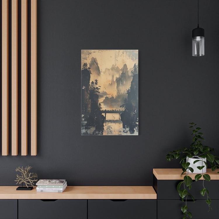 Serene Mountain Bridge Canvas Wall Art — East Asian Landscape Matte Stretched Print - The Art Hub