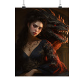 Fantasy Portrait Poster — Dark Sorceress with Dragon Matte Vertical Print - The Art Hub