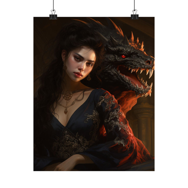Fantasy Portrait Poster — Dark Sorceress with Dragon Matte Vertical Print - The Art Hub