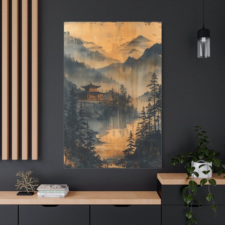 Golden Mist Mountain Landscape Canvas — Asian Pagoda Wall Art - The Art Hub