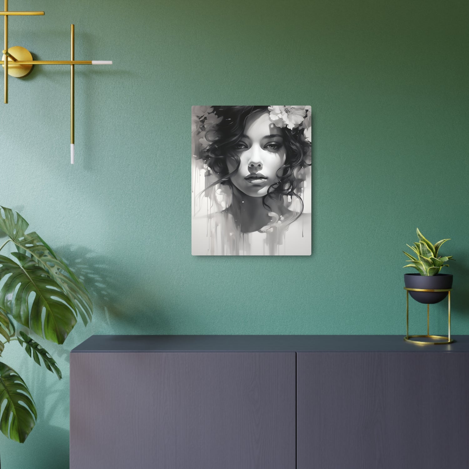 Metal Wall Art Sign — Monochrome Portrait of Woman with Floral Accents - The Art Hub