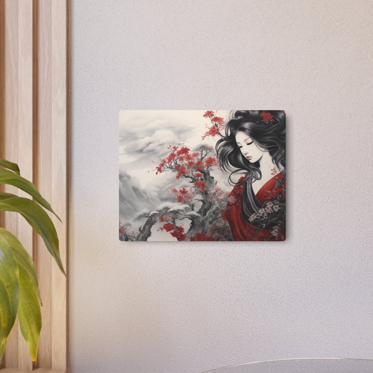 Metal Art Elegant Geisha Landscape with Red Maple Blossoms - The Art Hub