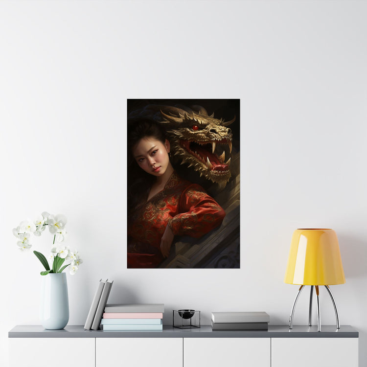 Matte Vertical Poster — Asian Warrior Woman with Dragon Art Print - The Art Hub