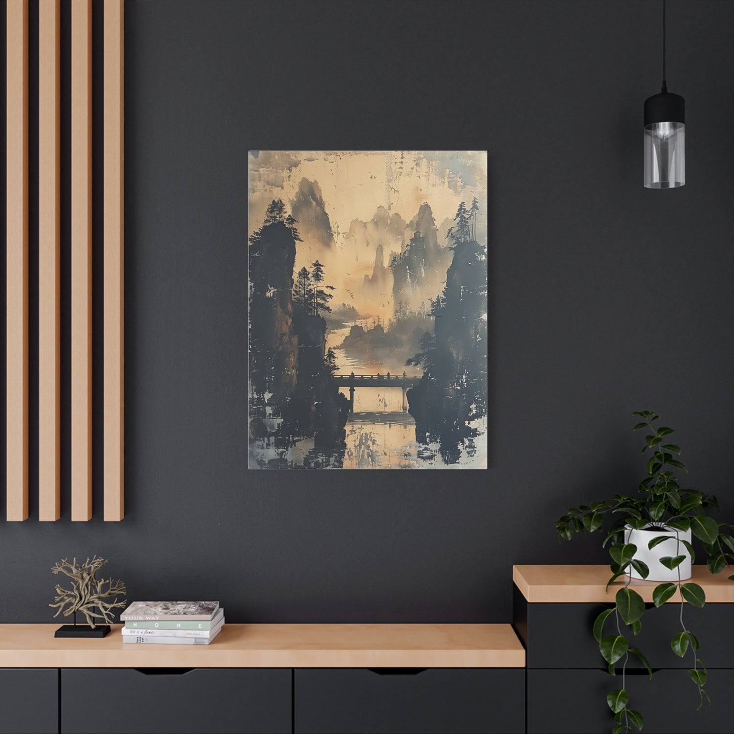 Serene Mountain Bridge Canvas Wall Art — East Asian Landscape Matte Stretched Print - The Art Hub